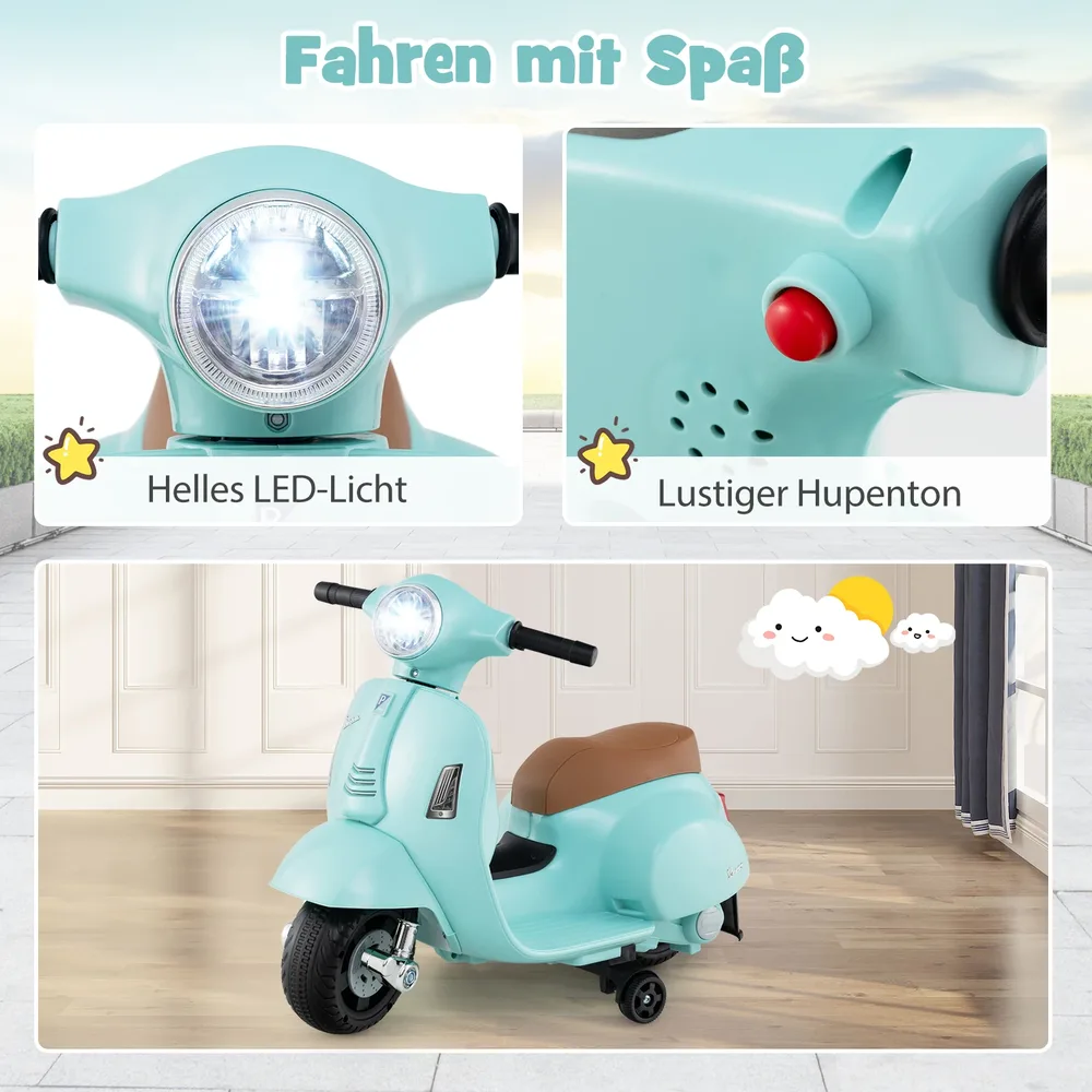 Детски електрически мотор Vespa 6V с LED фар и помощни колела, син, снимка 6