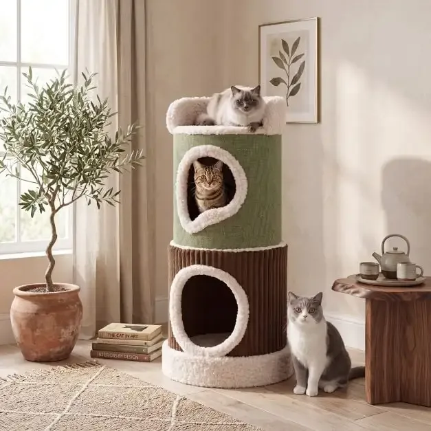 Къщичка за котки „бъчва“ с горна площадка и две отделения, зелена, снимка 6