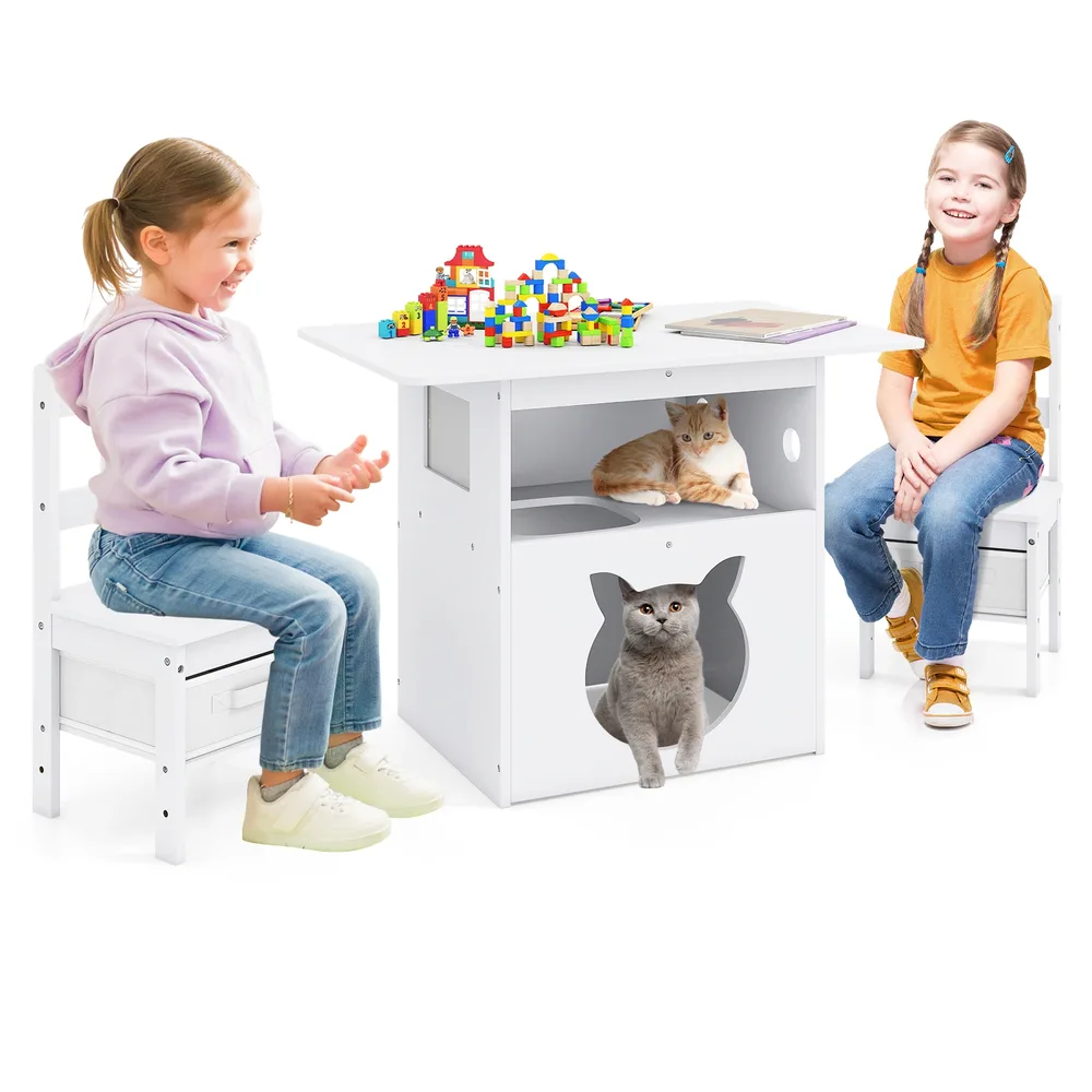Детска маса с 2 стола и котешка къщичка, 3 части, бяла, снимка 4