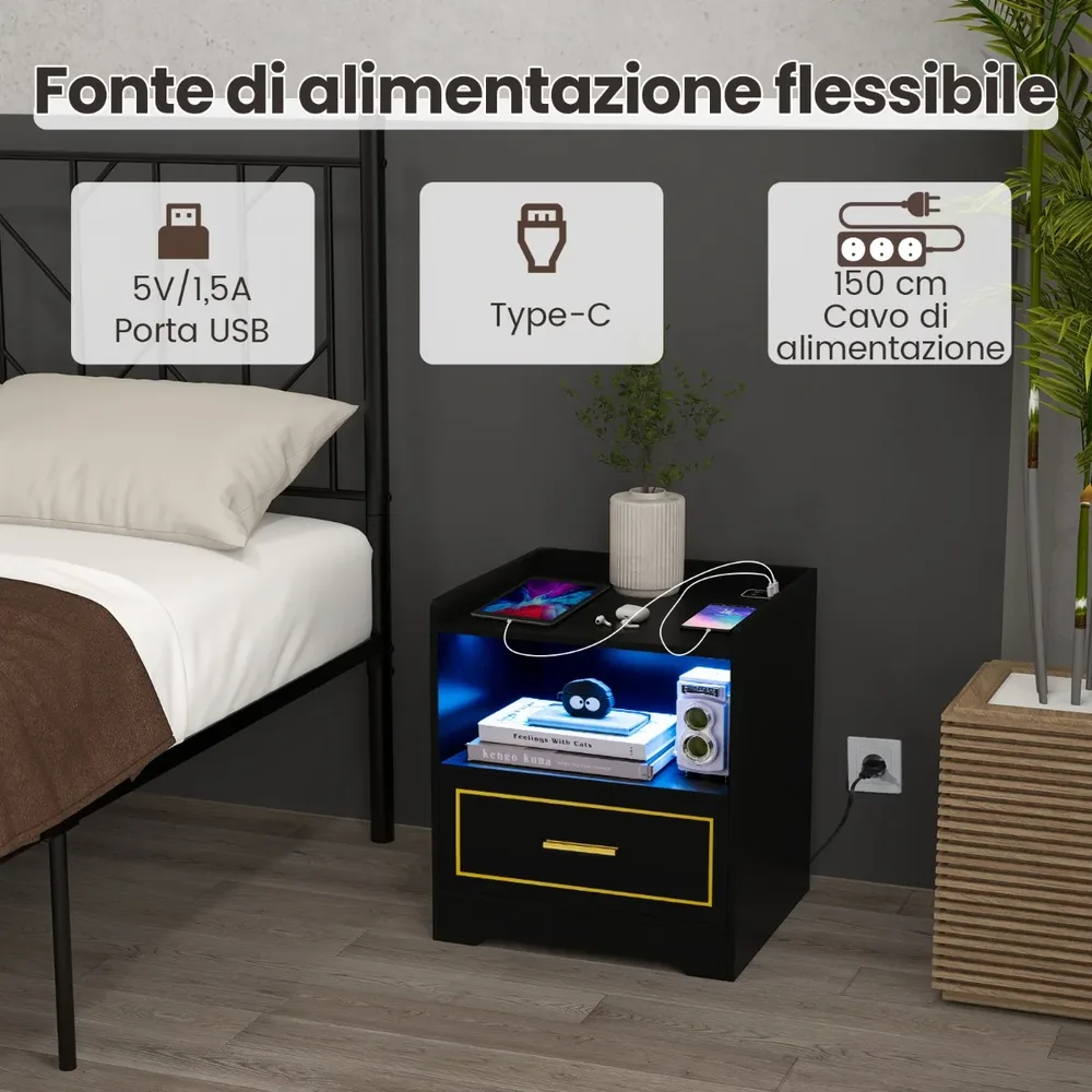 Комплект от 2 нощни шкафчета с LED осветление, сензор за движение и зарядна станция, черни, снимка 2