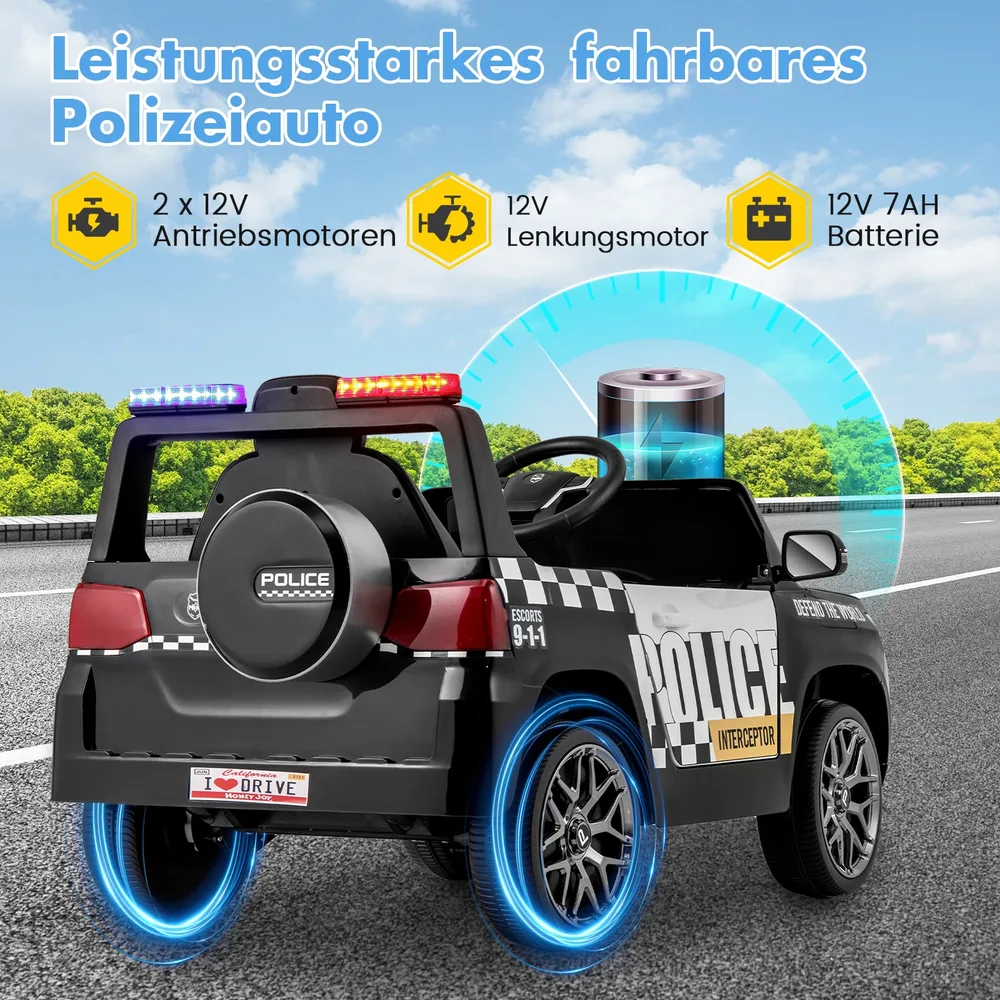 Детска електрическа полицейска кола 12V с дистанционно, сирена и LED светлини, черна, снимка 7