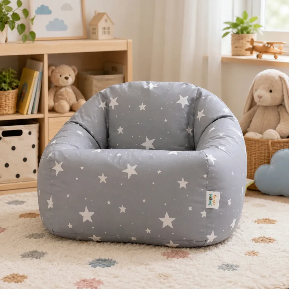 Детски пуф кресло Little Stars, 100% памук, сив барбарон със звезди, 55x44x55 см, снимка 8