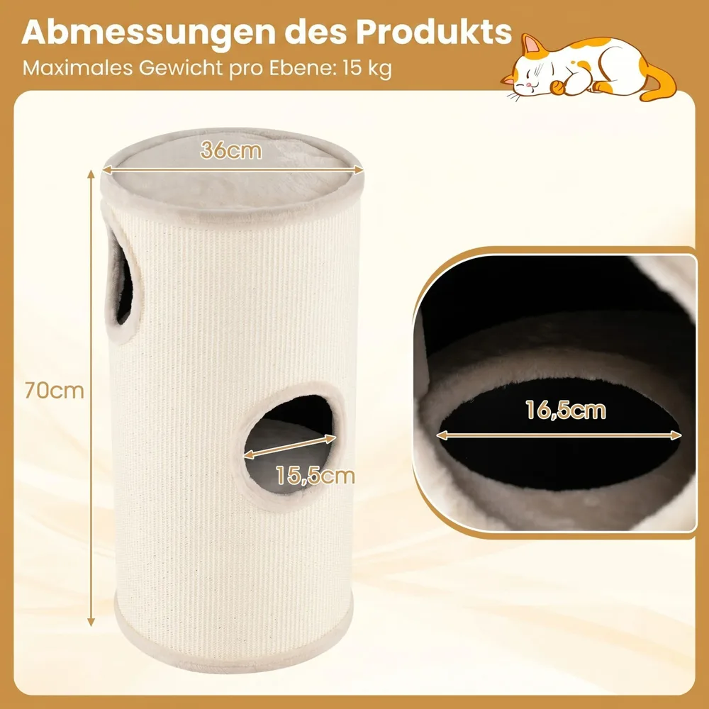Дърво за котки на 4 нива със сизалова драскалка, 3 убежища и плюшено легло, бежово, снимка 3