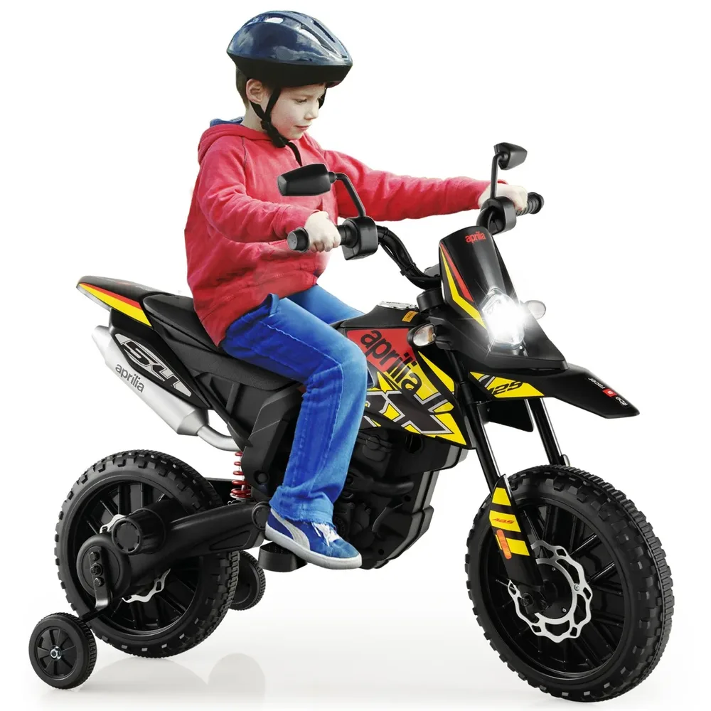 Детски електрически мотор Aprilia 12 V с помощни колела, лицензиран, черен