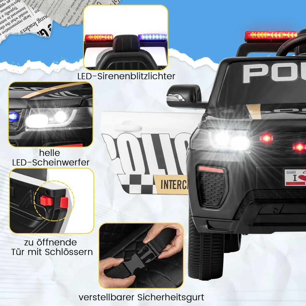 Детска електрическа полицейска кола 12V с дистанционно, сирена и LED светлини, черна, снимка 5