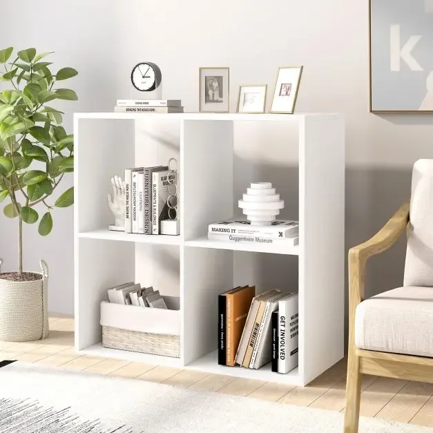 Етажерка за книги с 4 кубчета на 2 нива и комплект против преобръщане, бяла, снимка 2