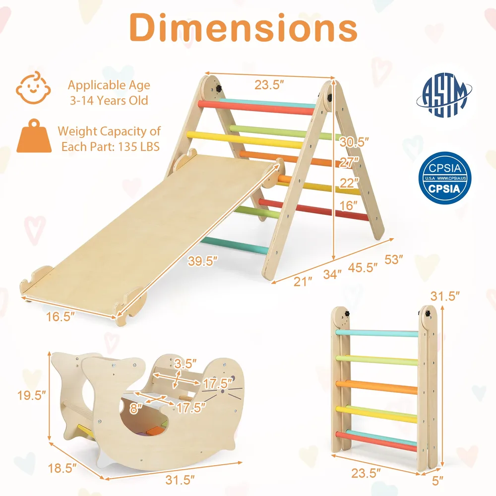 Дървен комплект за катерене 7 в 1 за вътре с двустранна рампа, многоцветен, снимка 4
