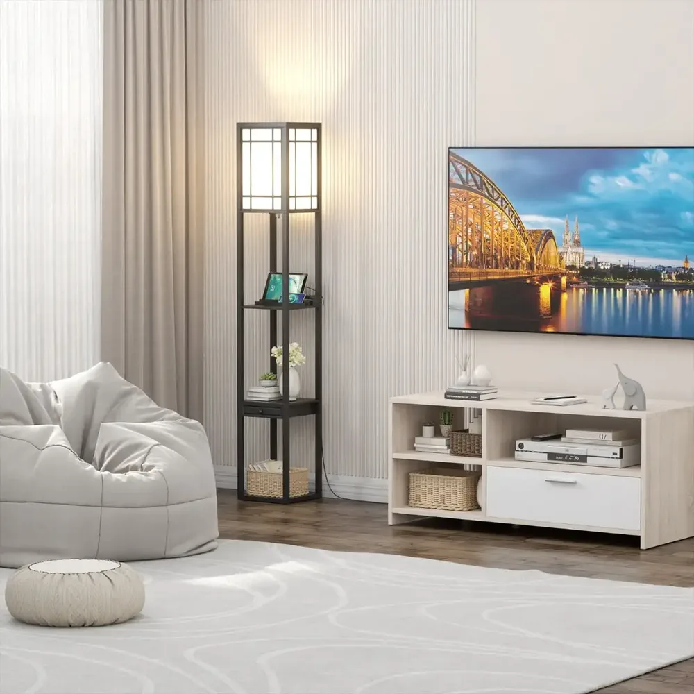 Подова лампа с рафтове, чекмедже и 2 USB порта, 160,5 см, черна, снимка 6
