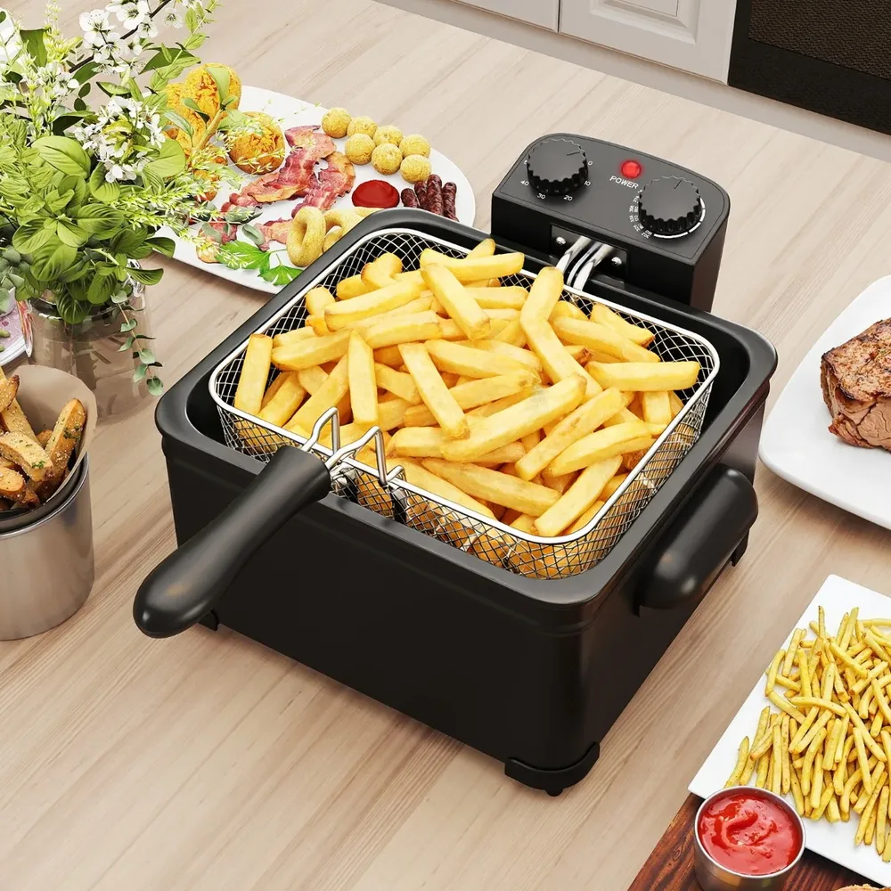 Електрическа фритюрница 5 л, 2000 W, с 3 коша, таймер и регулируема температура, черна, снимка 6
