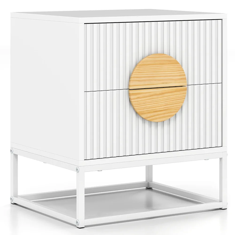 Нощно шкафче в стил mid-century с ребрени фасади, 2 чекмеджета и дръжки от бор, бяло
