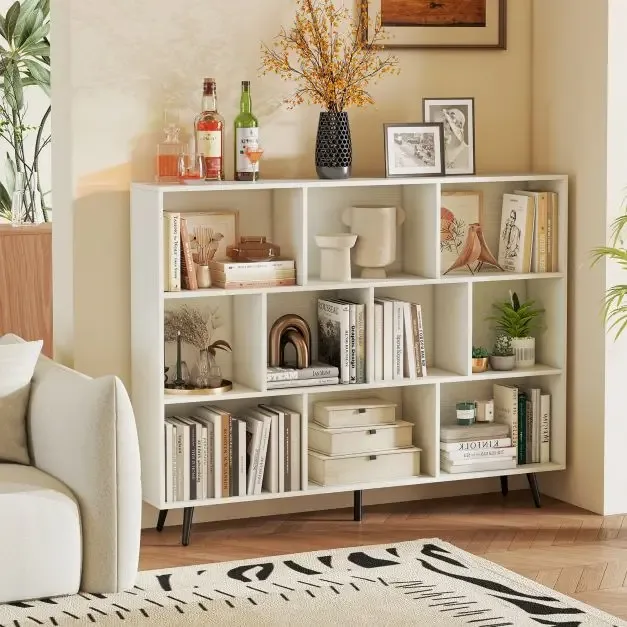 Етажерка с 10 кубични отделения и 5 конусовидни метални крака, 140 × 24 × 107 см, бяла, снимка 2