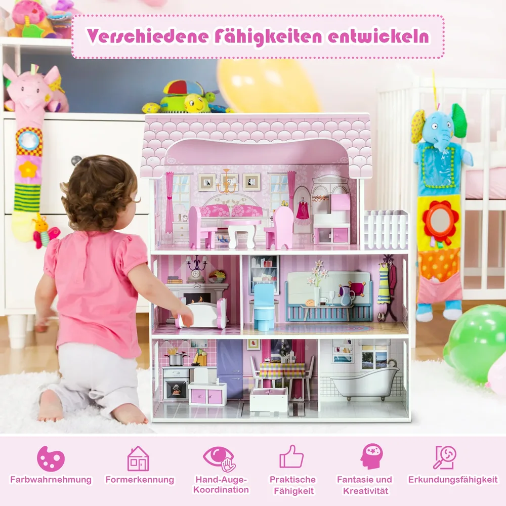 Дървена къща за кукли с 8 мебели, розова, снимка 8