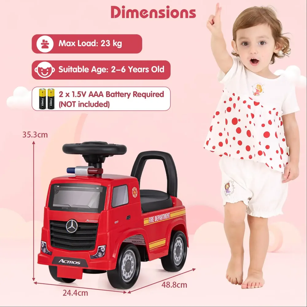 Детски пожарен камион Mercedes-Benz за каране с крачета, с музикален волан, червен, снимка 4