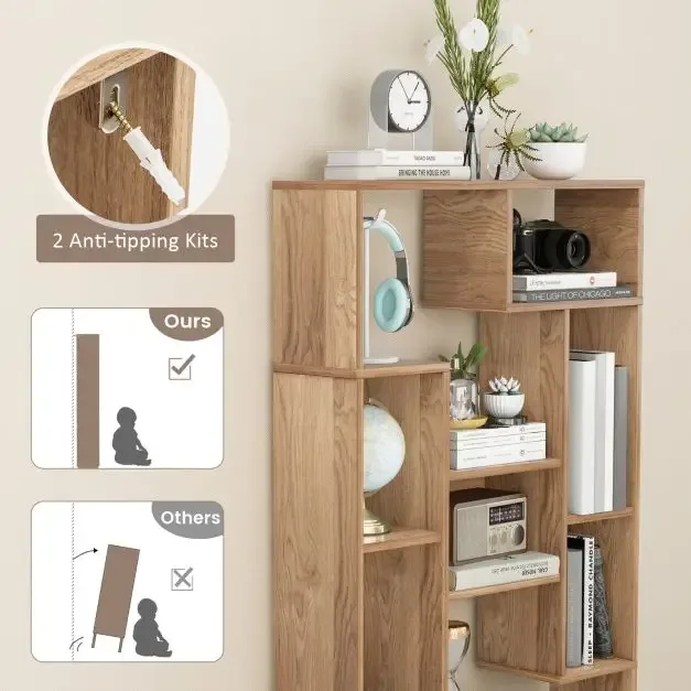 Геометрична етажерка с 11 рафта и защита от преобръщане, 70 × 20 × 120 см, натурална, снимка 7