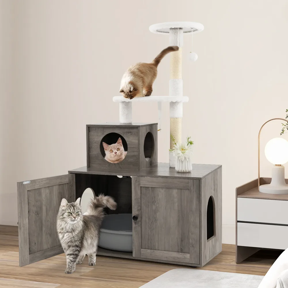 Дърво за котки с шкаф за котешка тоалетна и къщичка, сиво, снимка 2