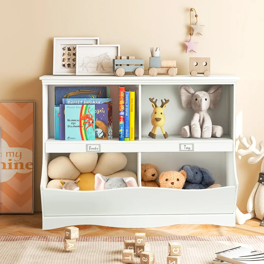 Детска етажерка за играчки и книги с 4 отделения, бяла, снимка 2