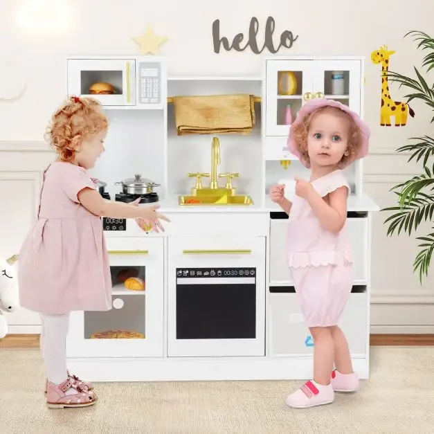 Дървена детска кухня с котлон, звуци и мивка, бяла, снимка 3