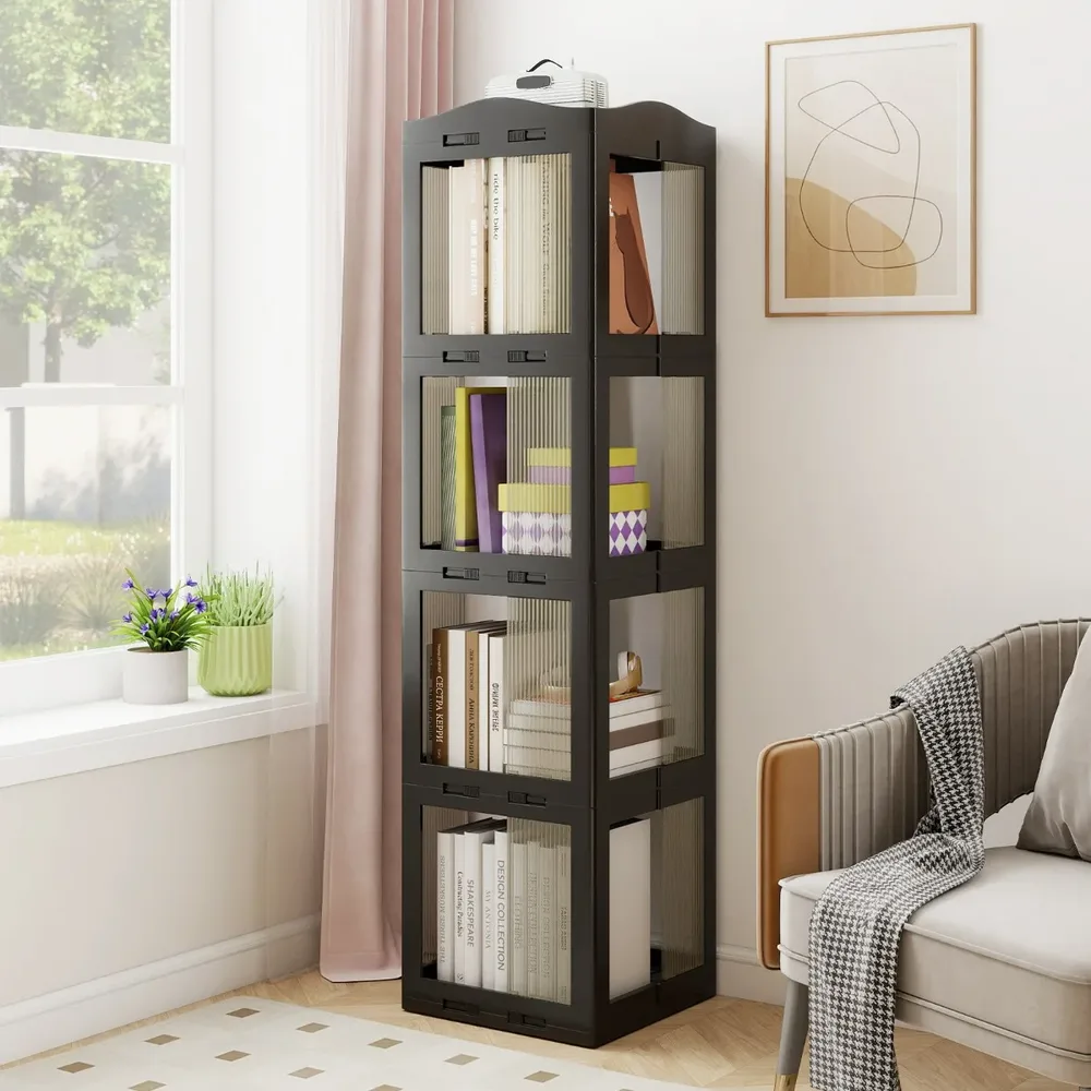 Сгъваема въртяща се етажерка за книги на 360° с 4 нива, черна, снимка 5