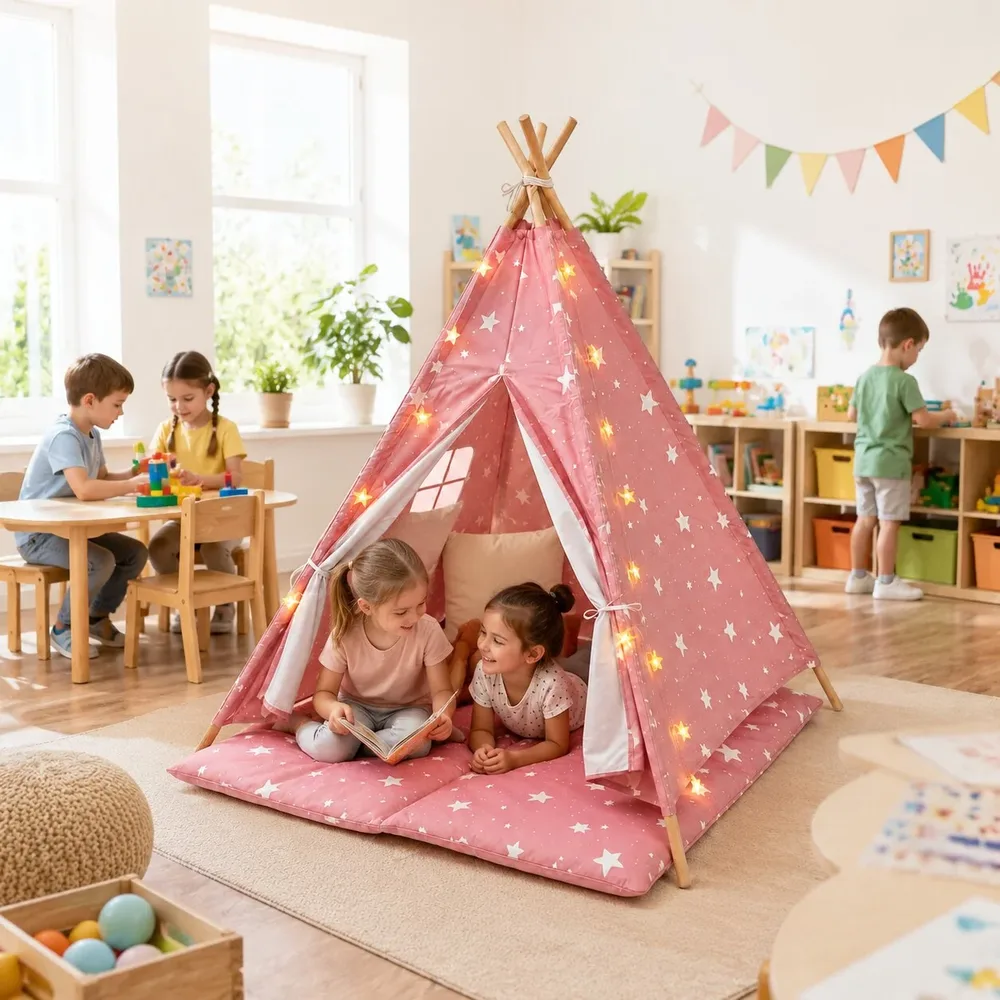 Детска памучна палатка Little Stars, типи, розова със звезди, 100% памук, с мека подложка с пълнеж, възглавница и LED лампички, 120x120x160 см, снимка 8