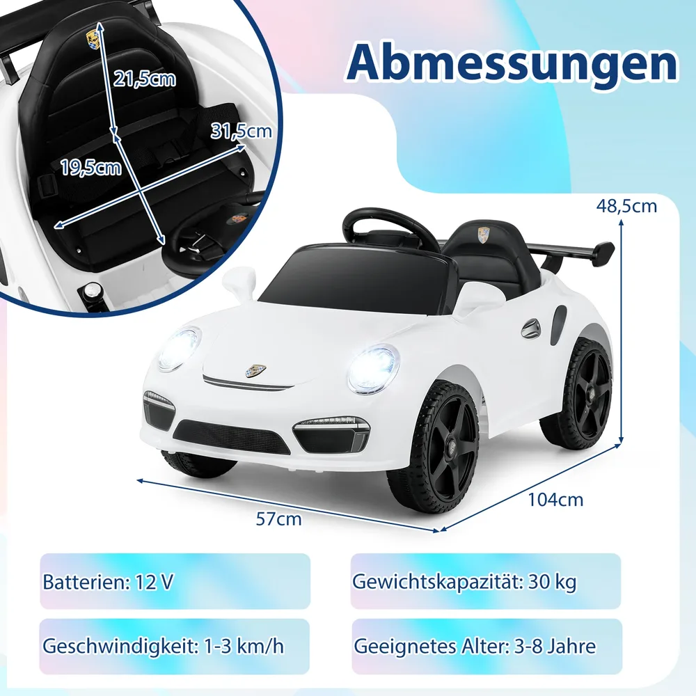 Детска електрическа кола Porsche 12 V с дистанционно и плавен старт, бяла, снимка 2