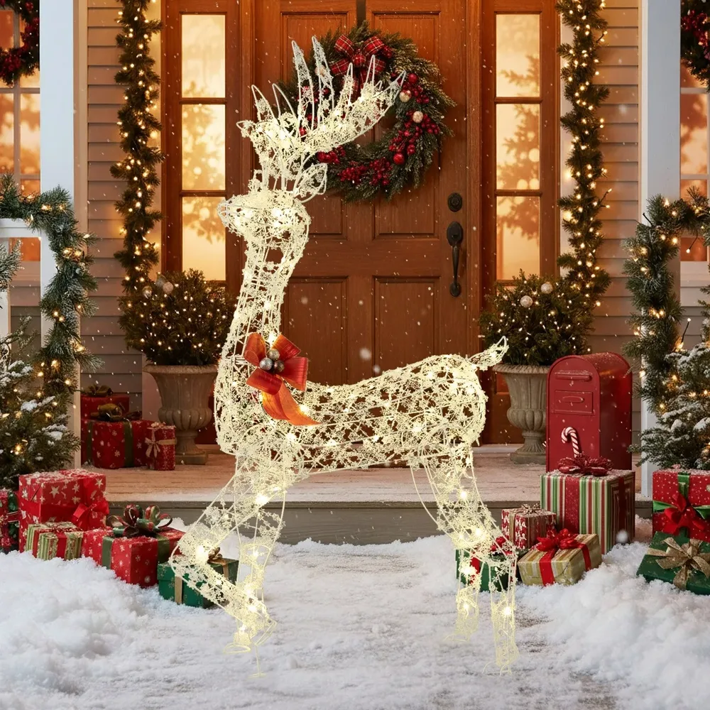 Светещ 3D елен, 150 см, със 100 студено бели LED светлини, бяло-червен, снимка 4