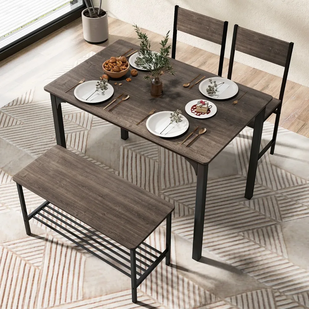 Индустриален комплект от маса, 2 стола и пейка за 4 души, сив, снимка 3