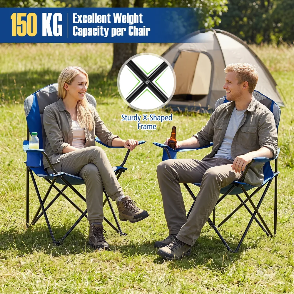 Комплект от 2 сгъваеми къмпинг стола за възрастни с поставки за чаша, тъмносини, снимка 2