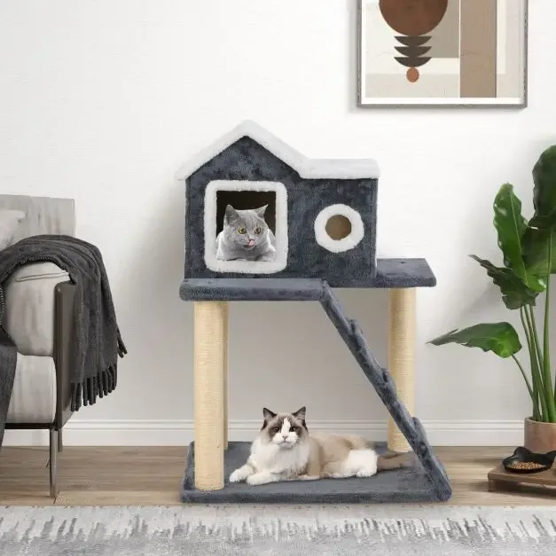 Дърво-драскалка за котки с къщичка и стълбичка, 60 × 46 × 90 см, сиво, снимка 3