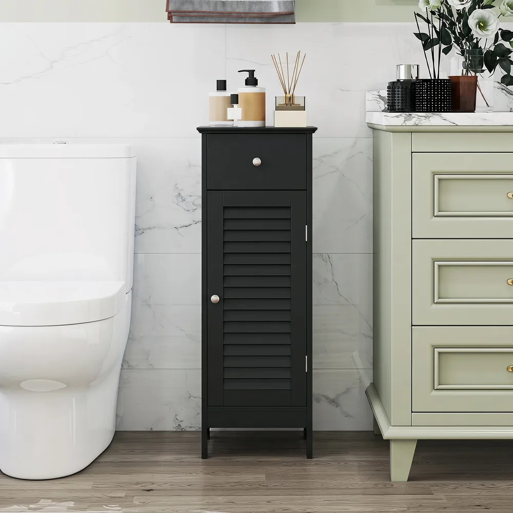 Тесен шкаф за баня с регулируем рафт и чекмедже, черен, снимка 3