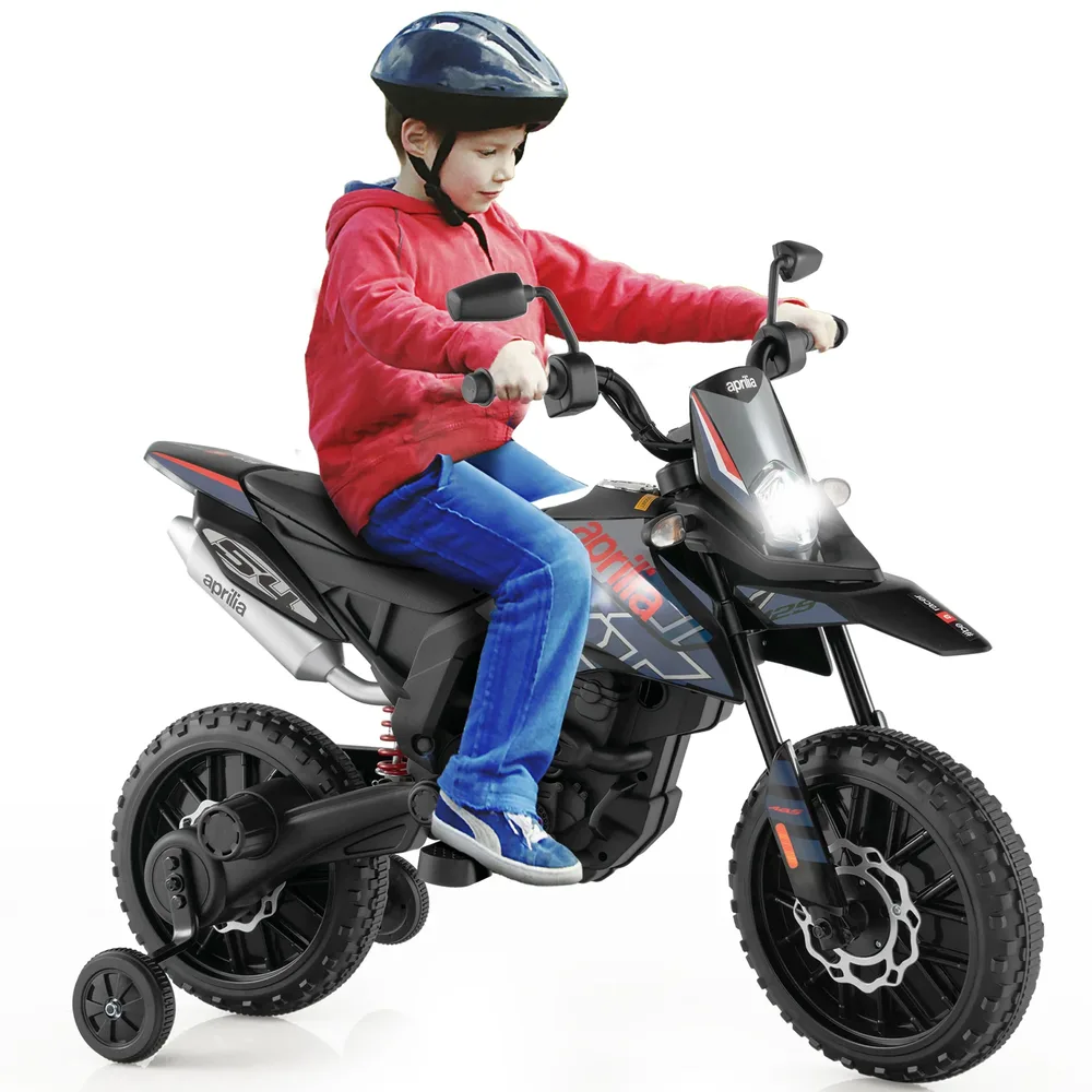 Детски електрически мотор Aprilia 12V с помощни колела, музика и фар, син