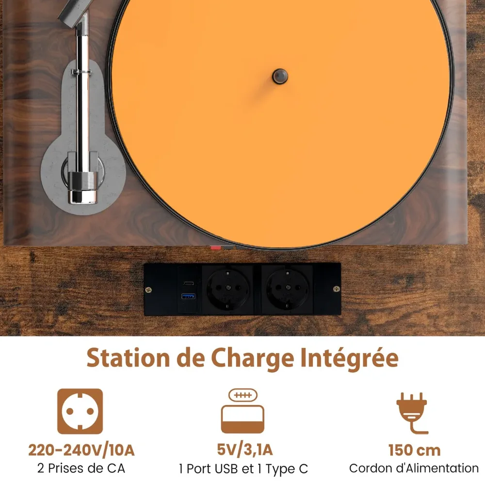 Стойка за грамофон с контакти, USB и Type-C, 79,5 × 40 × 79 см, рустик кафява, снимка 6