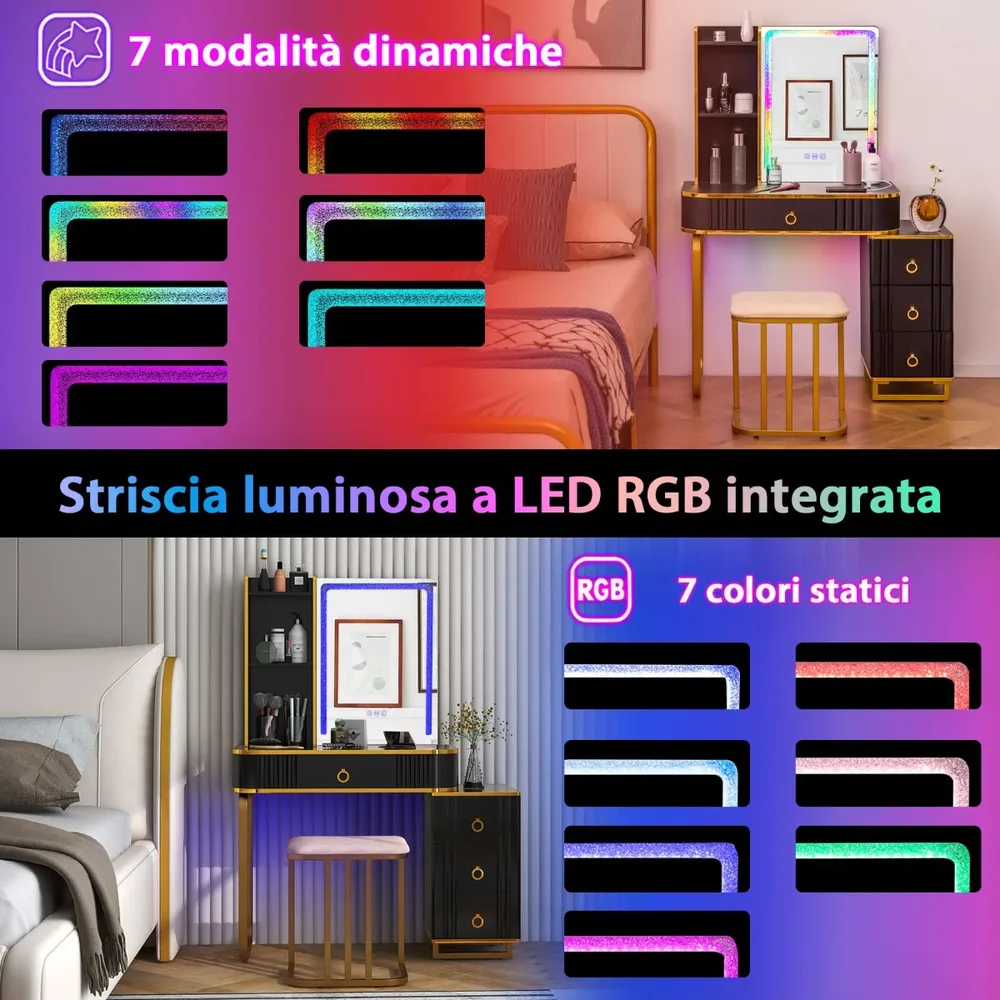 Тоалетка с LED осветление, 7 динамични и 7 статични режима и табуретка, черна, снимка 3