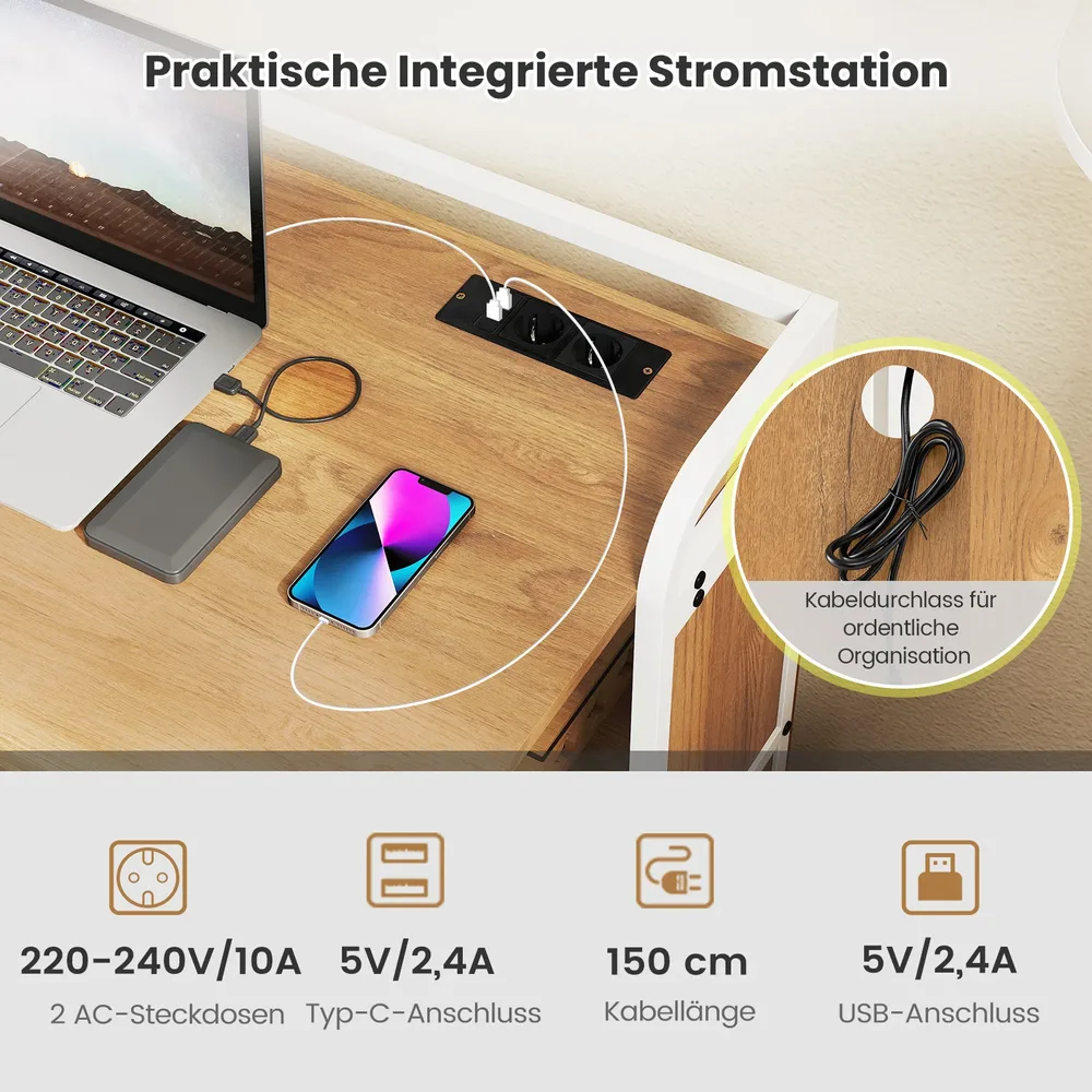 Сгъваемо бюро с табуретка, рафтове, контакти и USB портове, натурално, снимка 3
