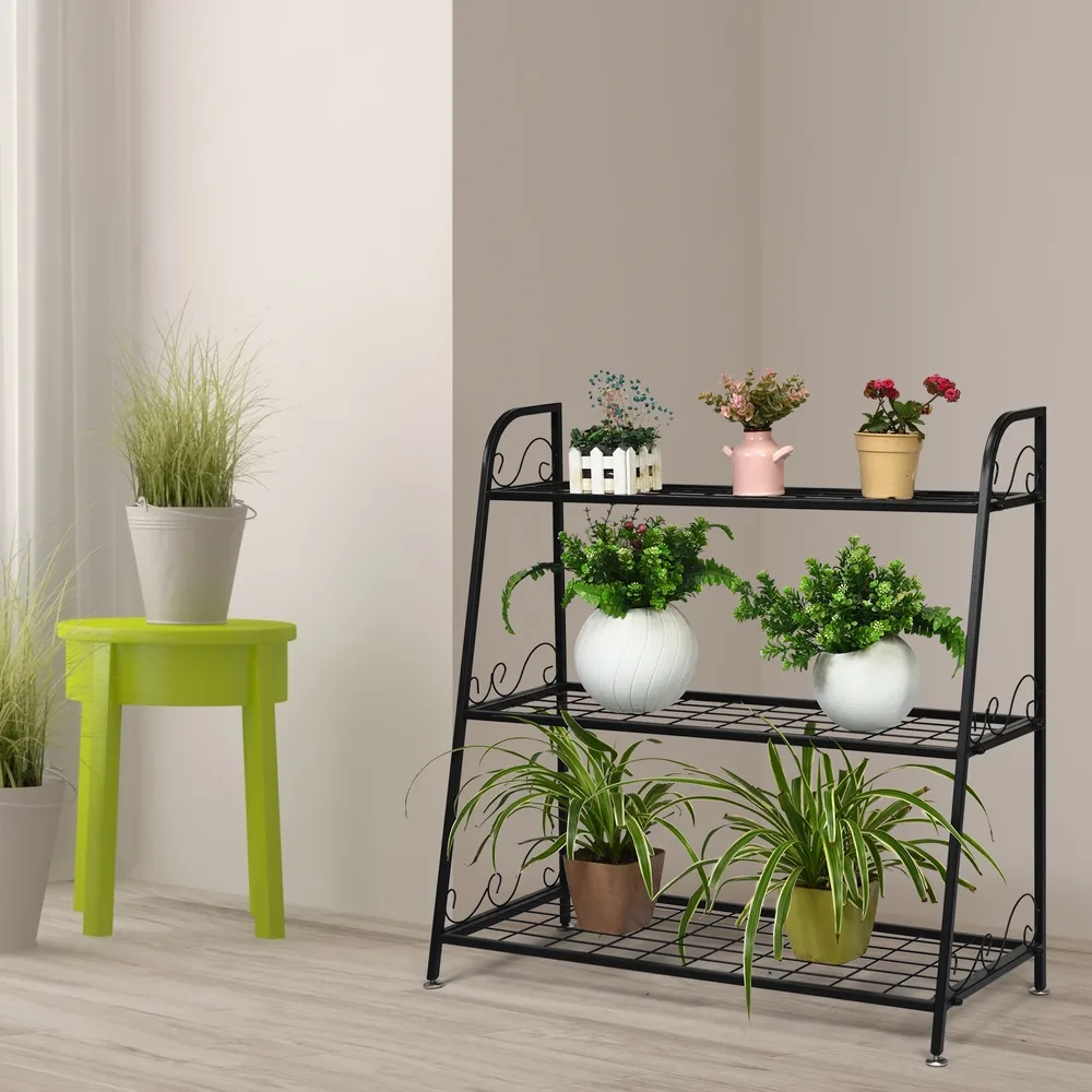 Стойка за цветя с 3 нива от стомана, 81 × 33 × 81 см, черна, снимка 3