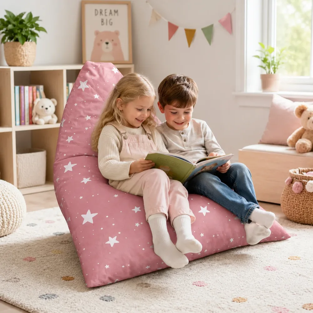 Детски пуф лежанка Little Stars, 100% памук, розов барбарон със звезди, 127x81x76 см, снимка 4