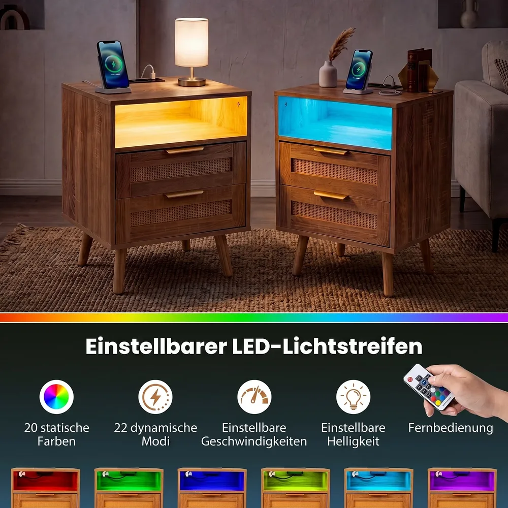 Нощно шкафче с LED осветление, зарядна станция и 2 ратанови чекмеджета, натурално, снимка 4