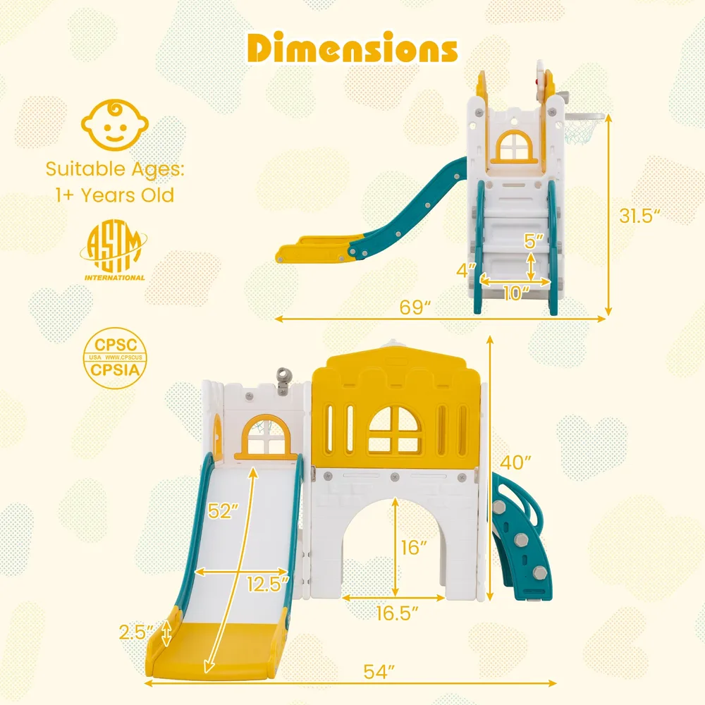 Г-образна пързалка 9 в 1 за малки деца с баскетболен кош и волан, жълта, снимка 5