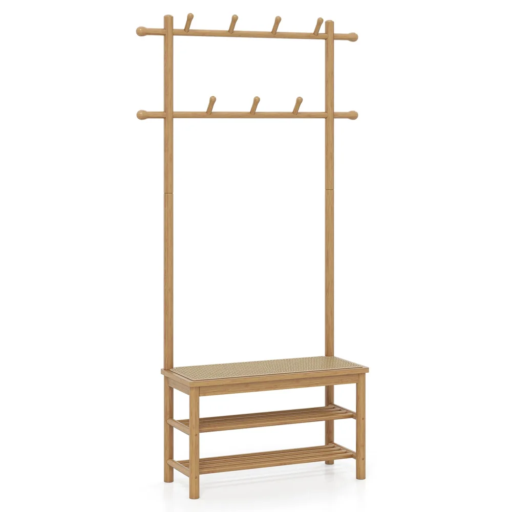 Портманто 3 в 1 от бамбук и полиратан с пейка и рафтове за обувки, натурално, снимка 4