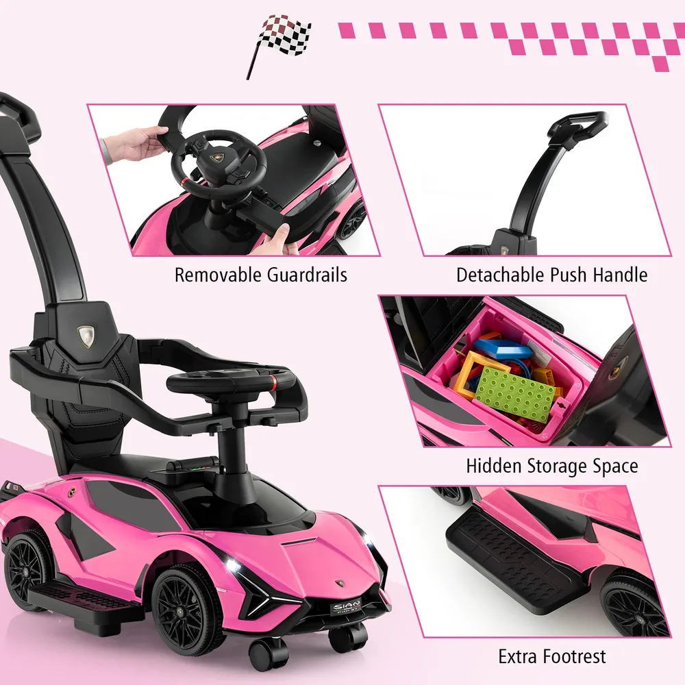 Детска кола 3 в 1 Lamborghini за каране, ходене и бутане, розова, снимка 8