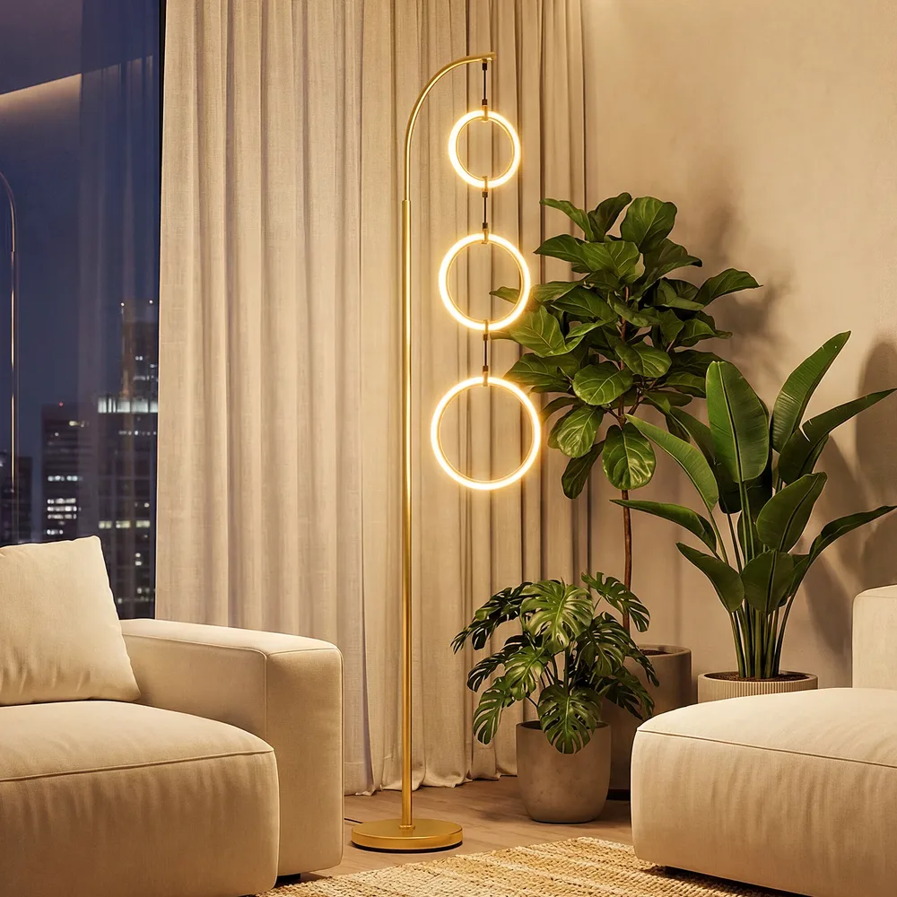 Подова лампа с 3 LED пръстена и димиране, 180 см, златиста