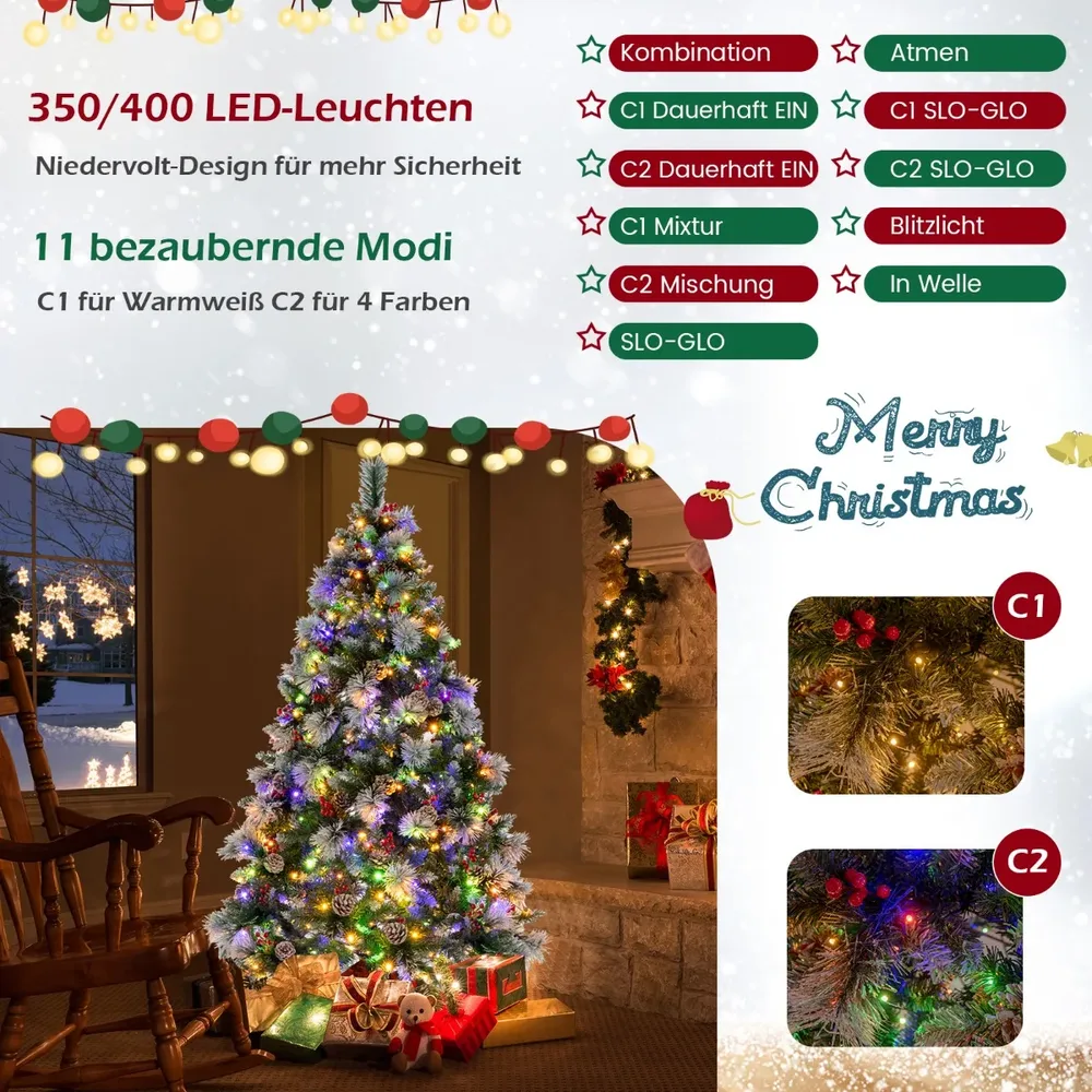 Изкуствена заснежена елха с 350 LED светлини, шишарки и червени плодчета, 185 см, снимка 2
