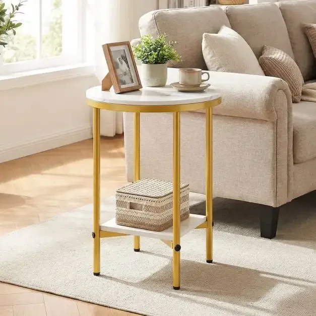 Кръгла помощна маса на 2 нива с мраморен ефект и златиста метална рамка, 40,5 см, бяла, снимка 2