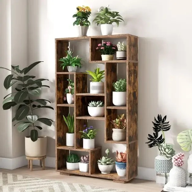 Геометрична етажерка с 11 рафта и защита от преобръщане, 70 × 20 × 120 см, кафява, снимка 8