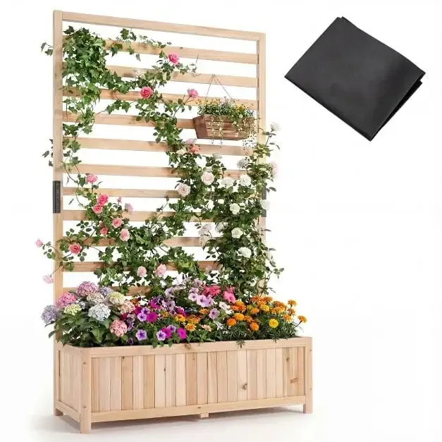 Вертикална дървена леха от смърч с решетка и дренаж, 90 × 34 × 150 см, натурална