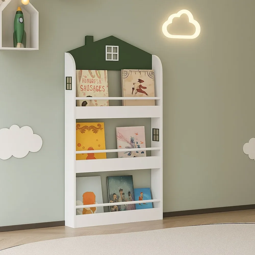 Детска етажерка за книги и играчки – къщичка, 3 рафта, дърво, 60x12x106 см, снимка 9
