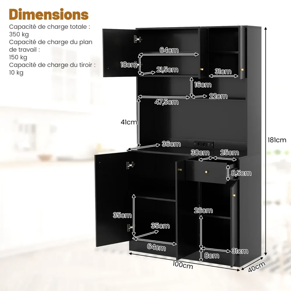 Висок кухненски шкаф с контакти и USB порт, 100 × 40 × 181 см, черен, снимка 4