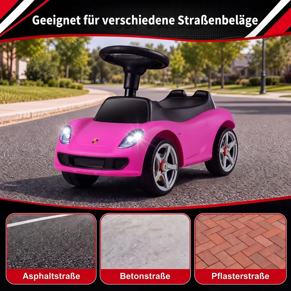Детска кола за каране с краката Porsche с клаксон и звукови бутони, розова, снимка 3