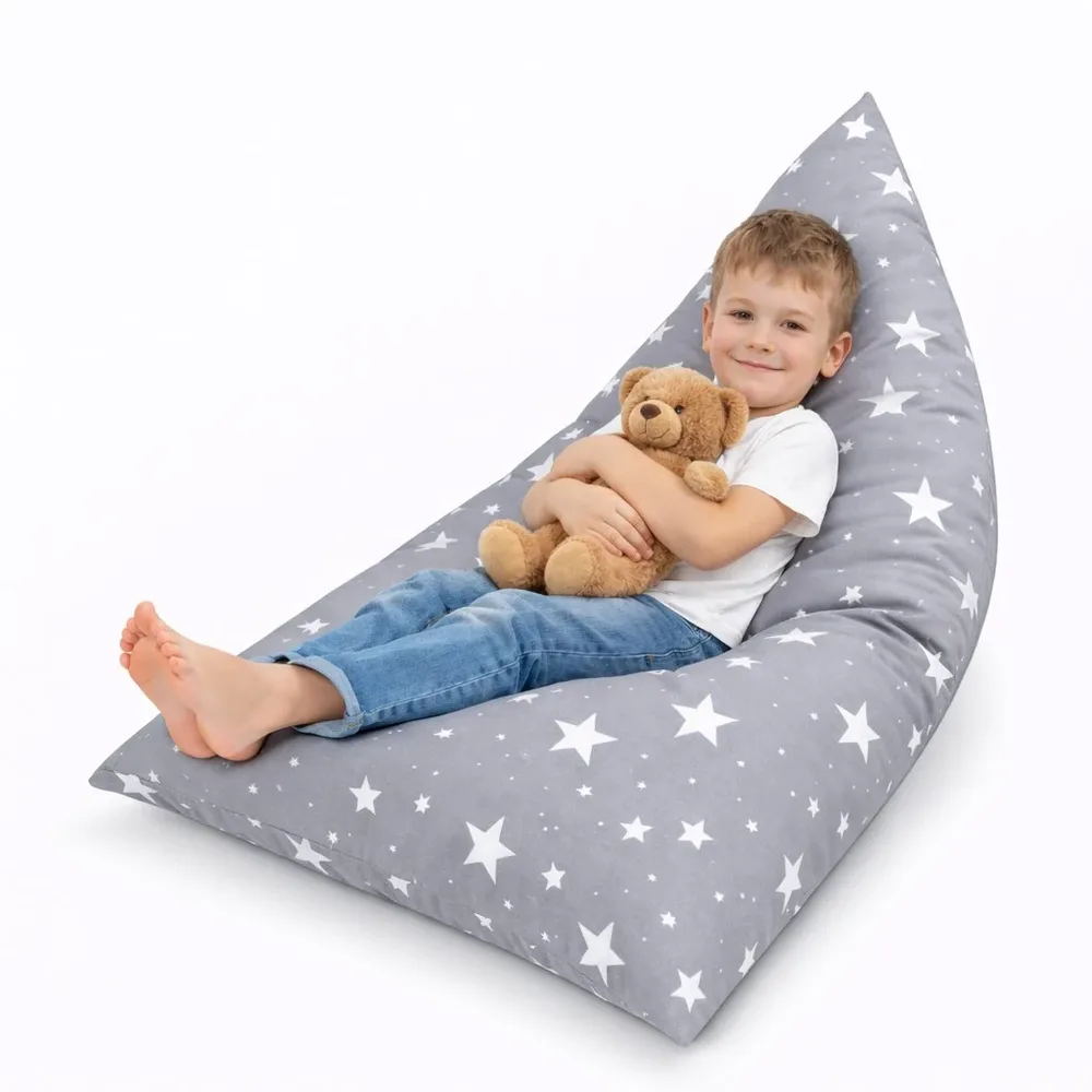Детски пуф лежанка Little Stars, 100% памук, сив барбарон със звезди, 127x81x76 см