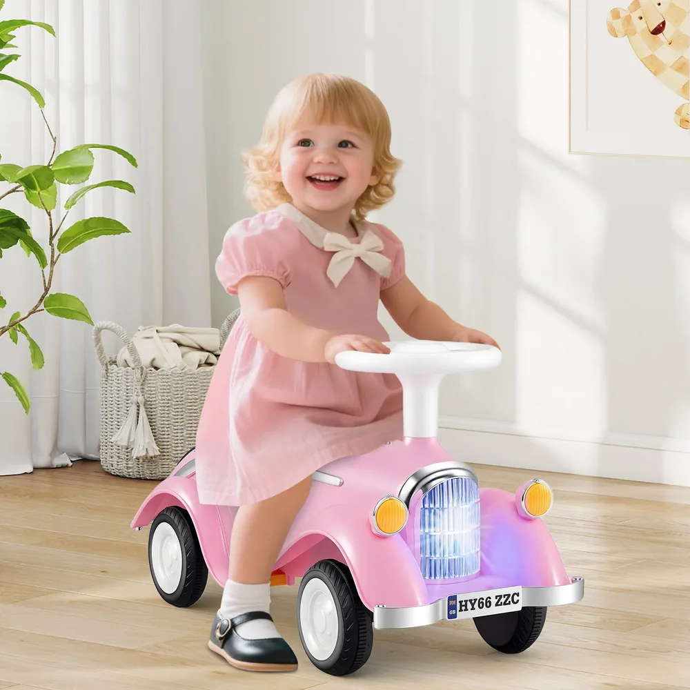 Детска кола за бутане с крака с клаксон и LED фар, розова, снимка 2