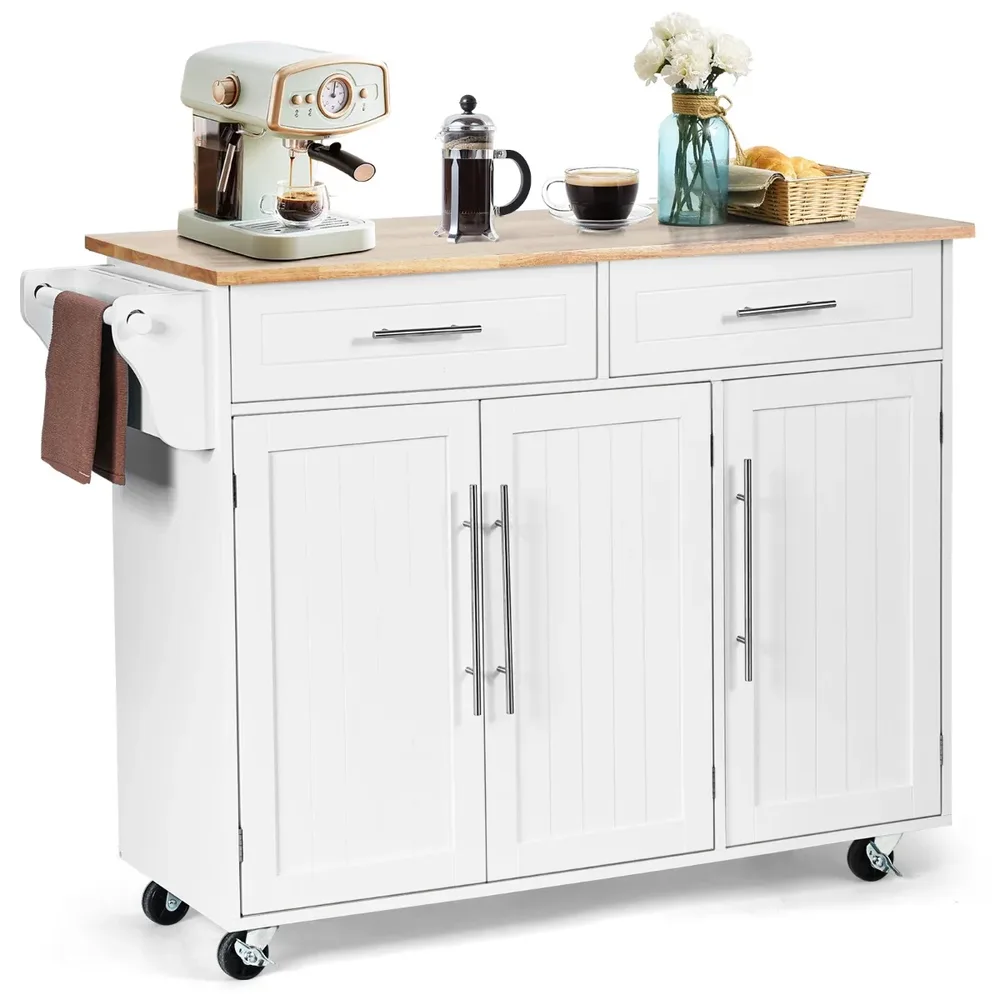 Кухненски остров на колелца с 2 чекмеджета, 2 шкафа и стойка за ножове, бял, снимка 2